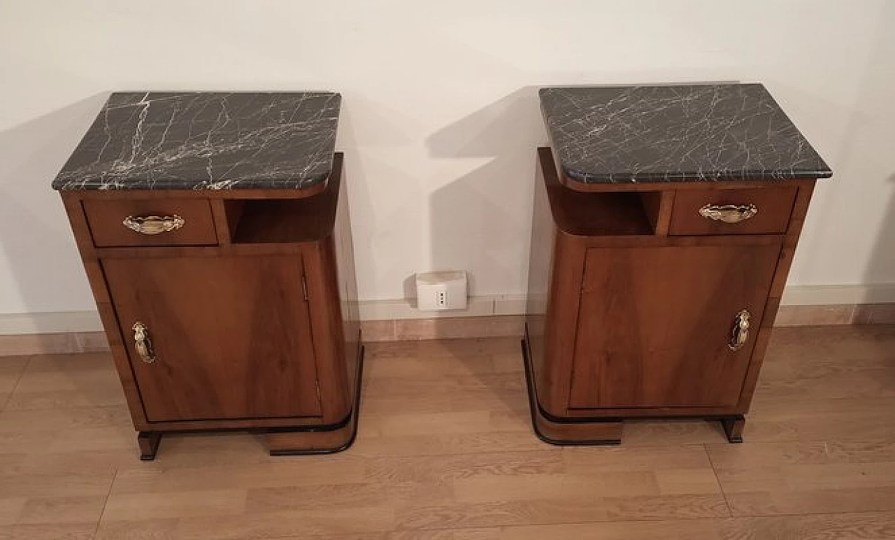 Pair of Art Deco walnut bedside tables with marble top, 1930s 6