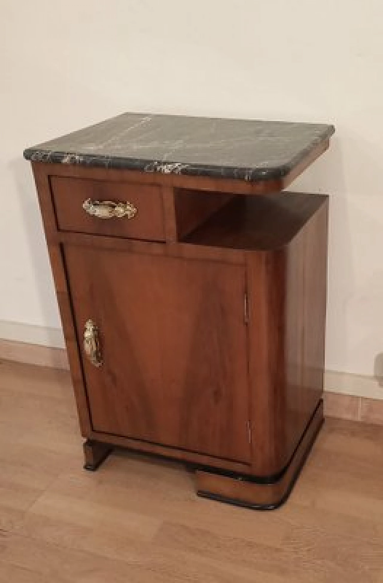 Pair of Art Deco walnut bedside tables with marble top, 1930s 8
