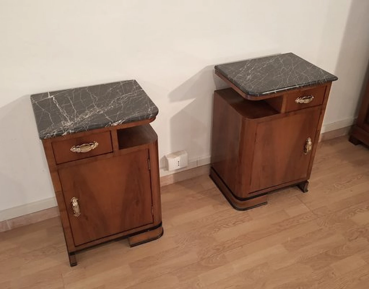 Pair of Art Deco walnut bedside tables with marble top, 1930s 9