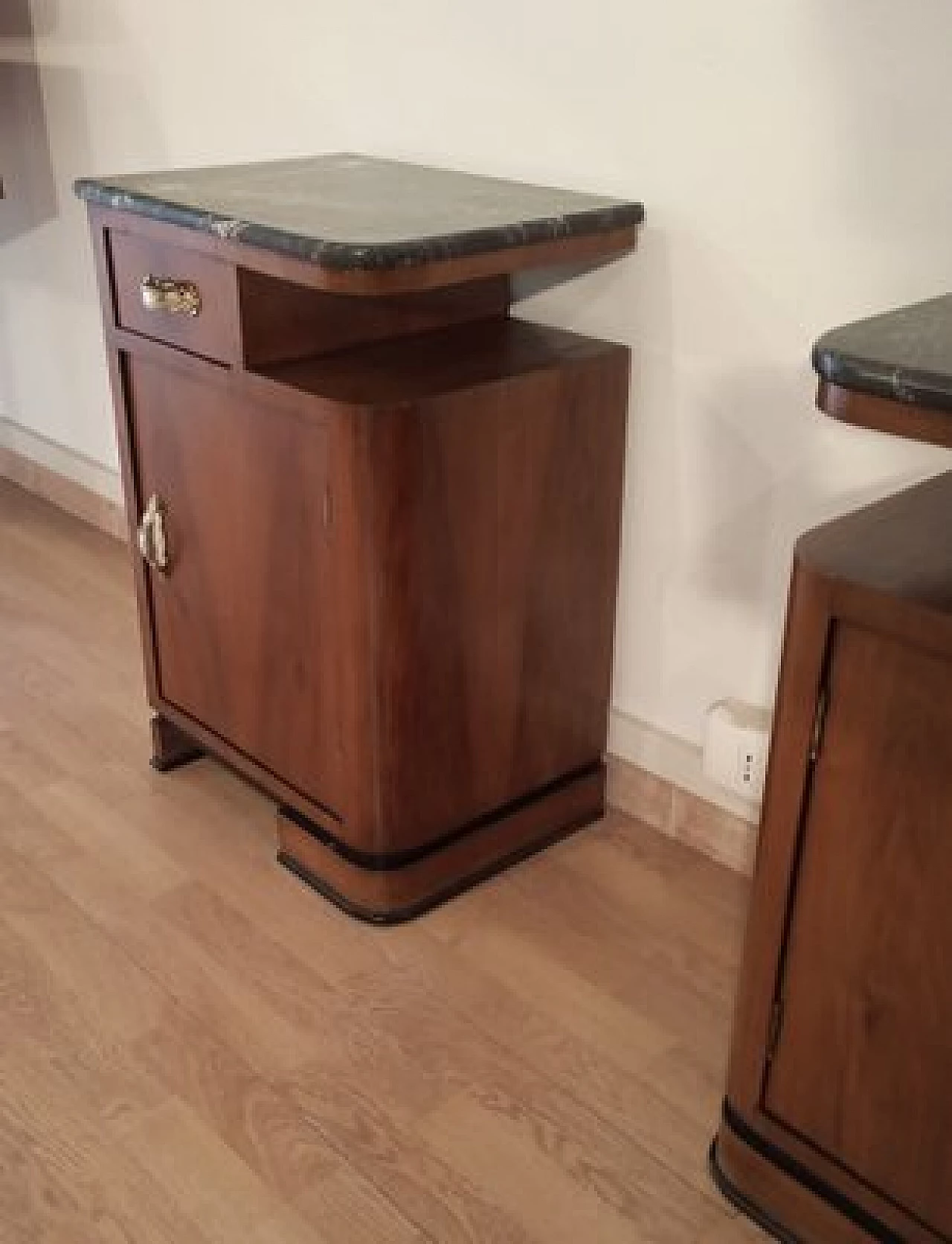 Pair of Art Deco walnut bedside tables with marble top, 1930s 10