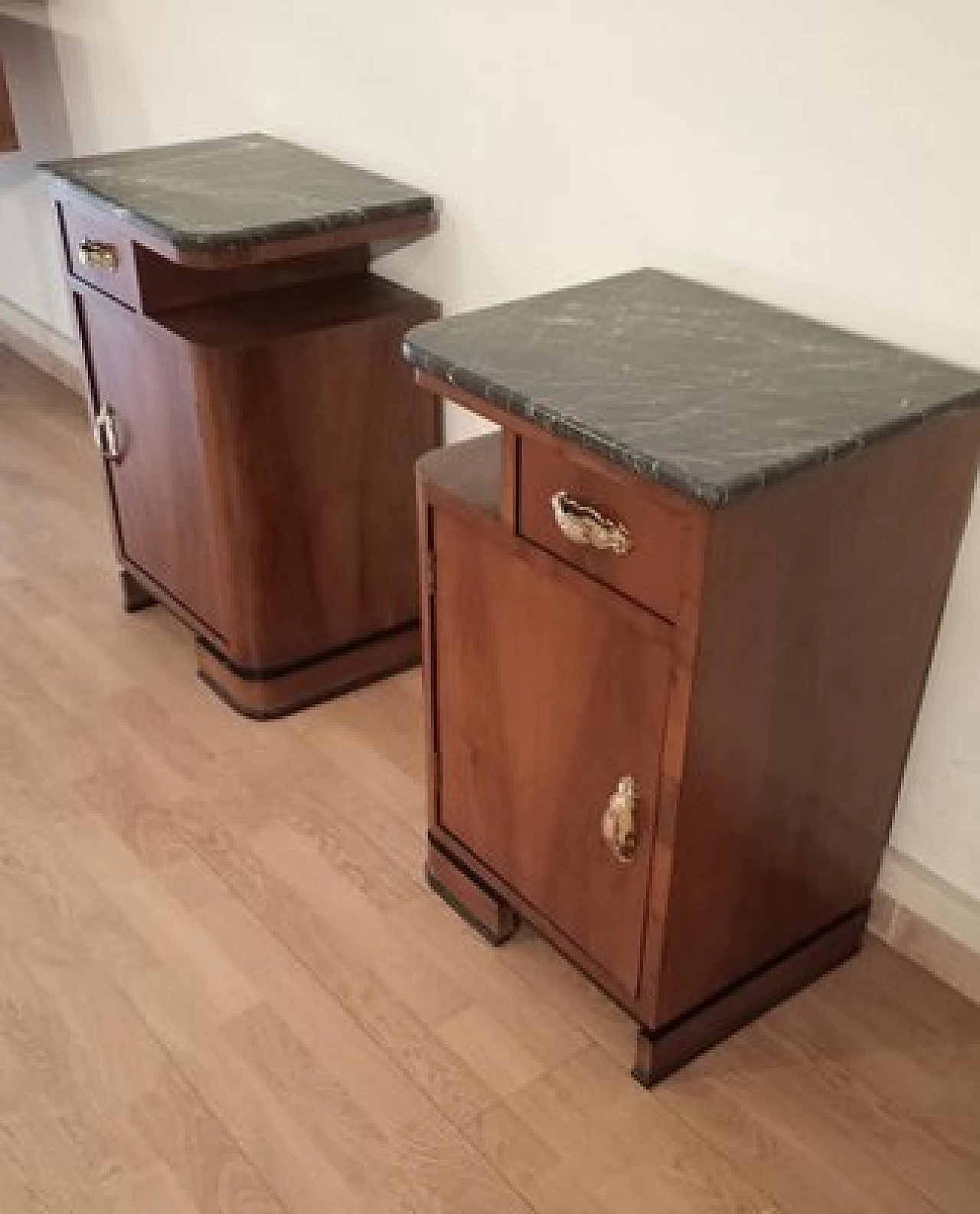Pair of Art Deco walnut bedside tables with marble top, 1930s 11