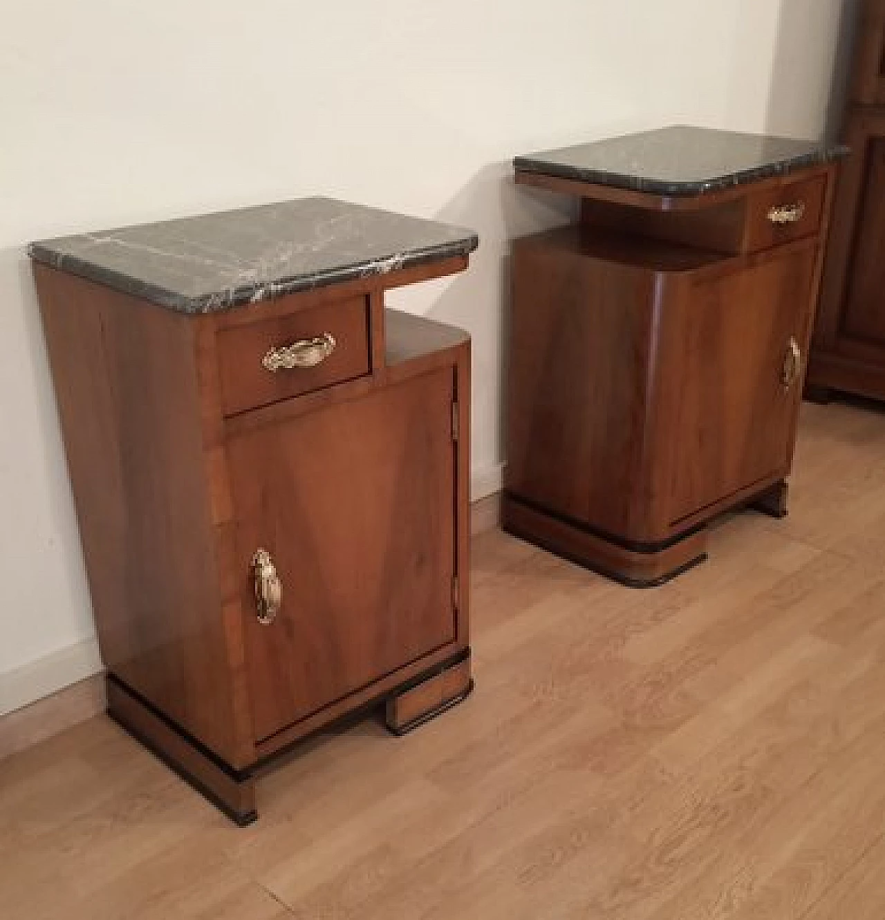 Pair of Art Deco walnut bedside tables with marble top, 1930s 12