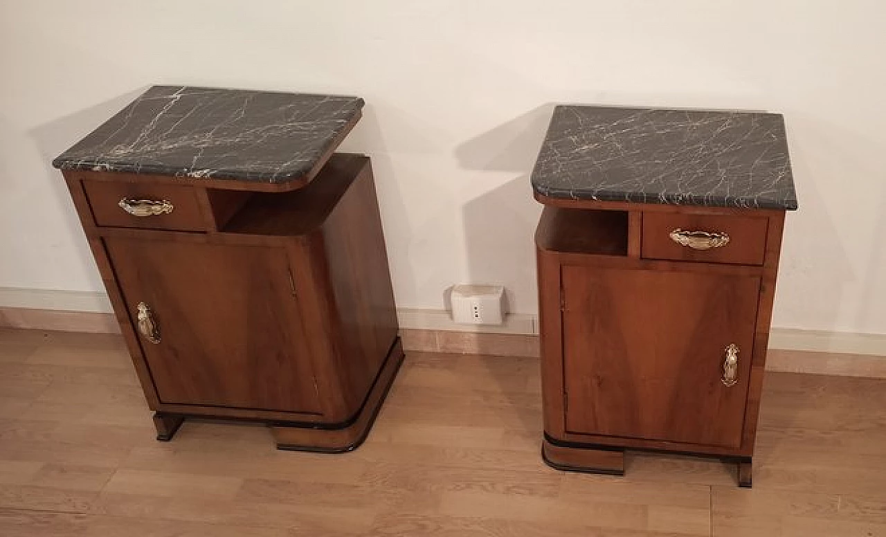 Pair of Art Deco walnut bedside tables with marble top, 1930s 13