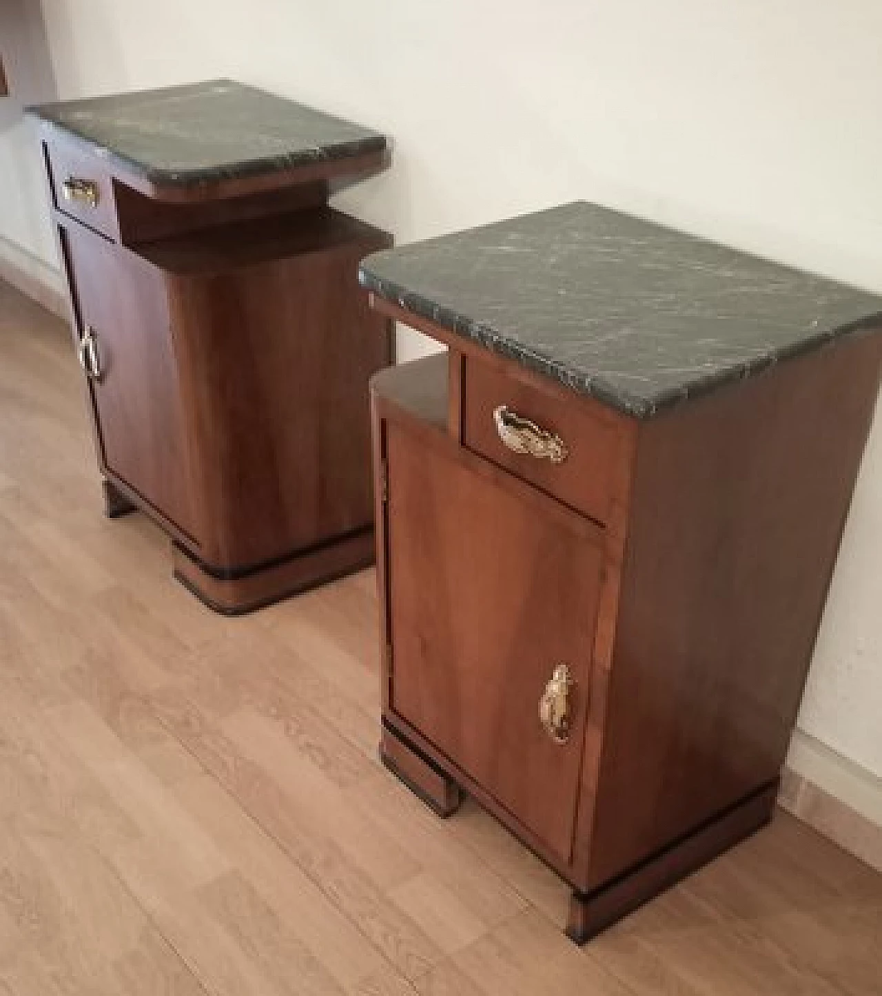 Pair of Art Deco walnut bedside tables with marble top, 1930s 14