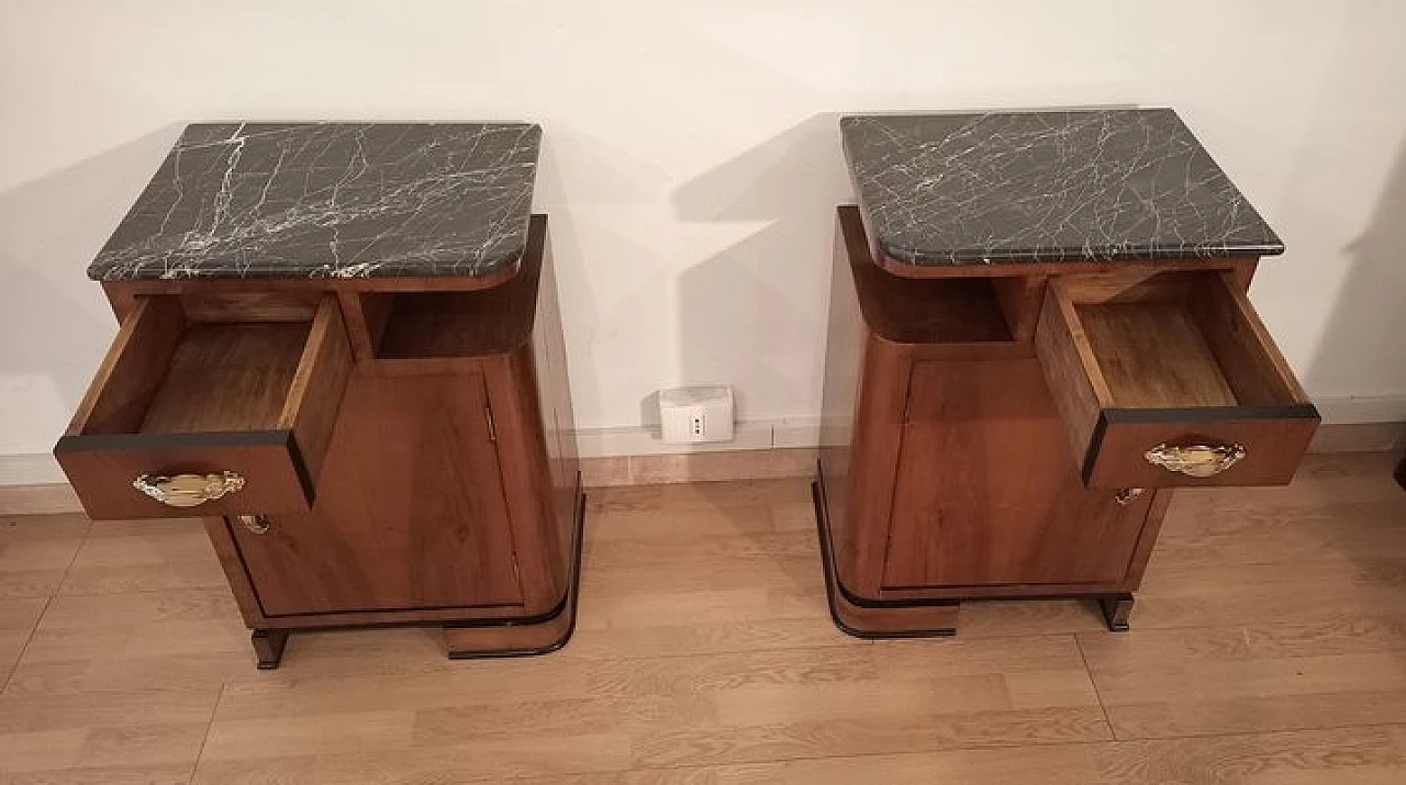 Pair of Art Deco walnut bedside tables with marble top, 1930s 15