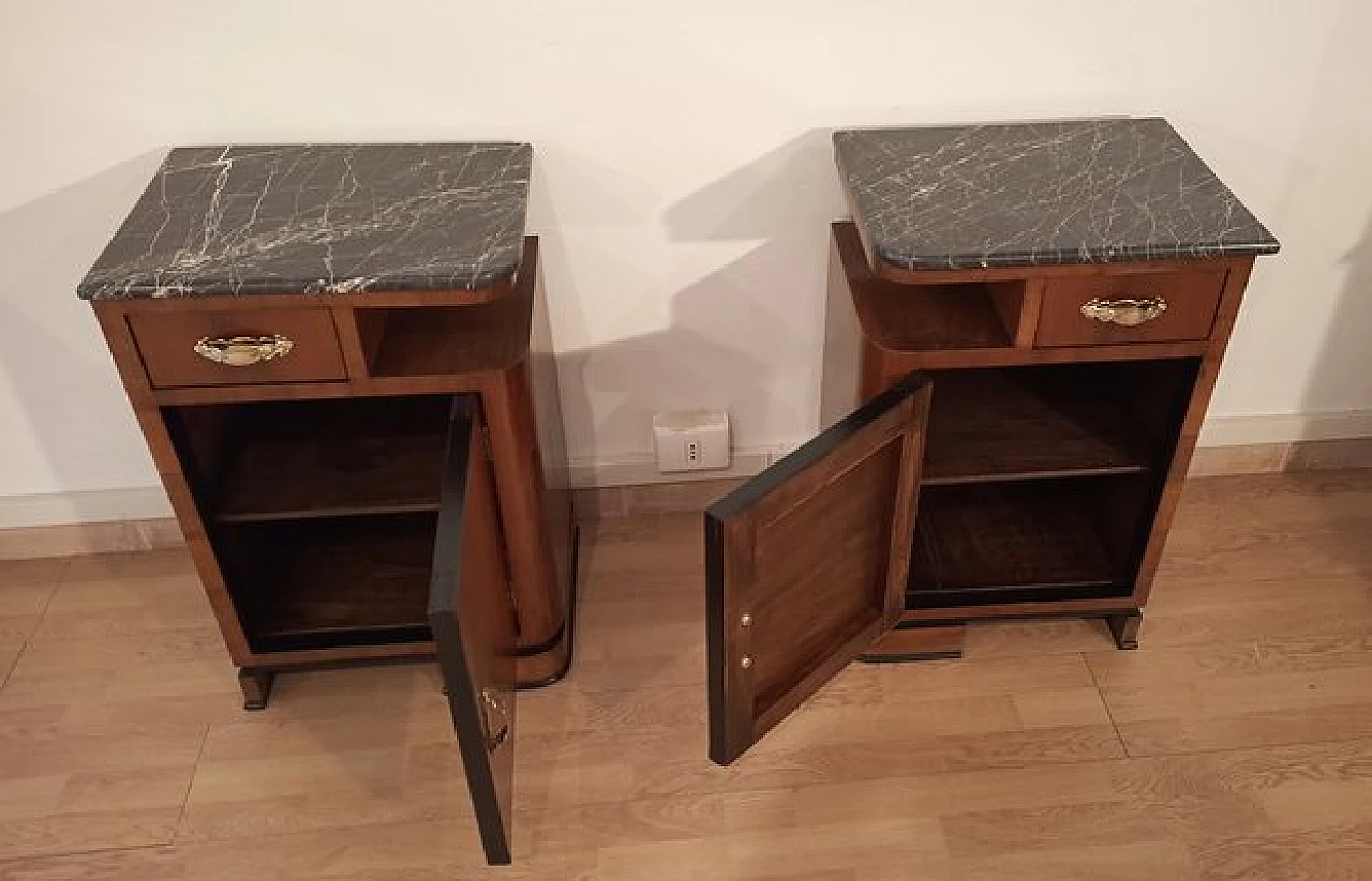 Pair of Art Deco walnut bedside tables with marble top, 1930s 16