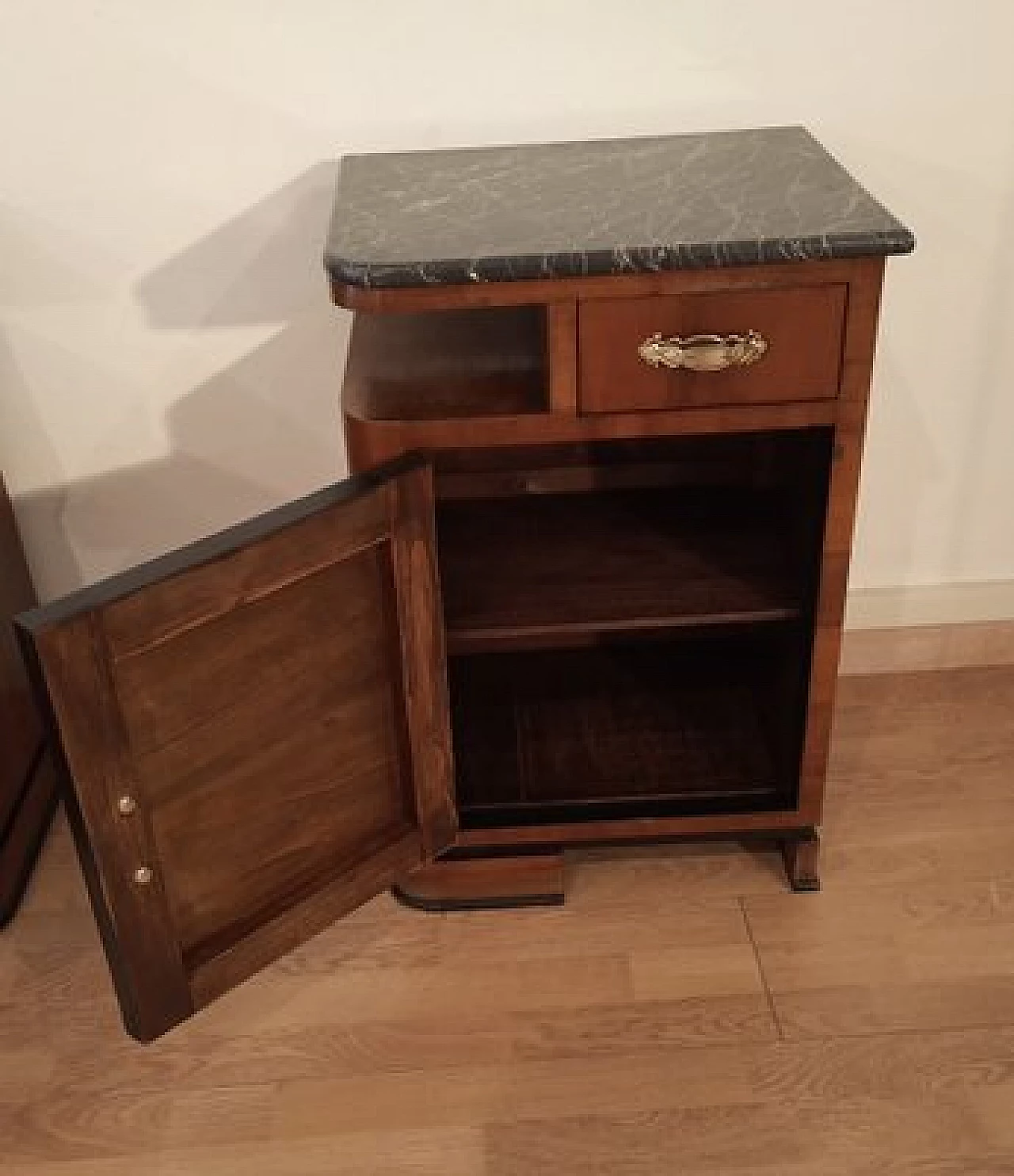 Pair of Art Deco walnut bedside tables with marble top, 1930s 17