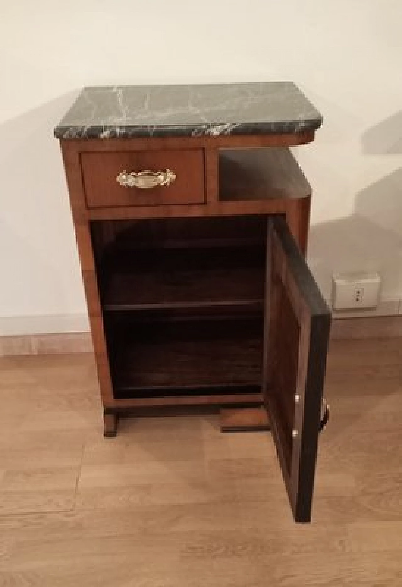 Pair of Art Deco walnut bedside tables with marble top, 1930s 18