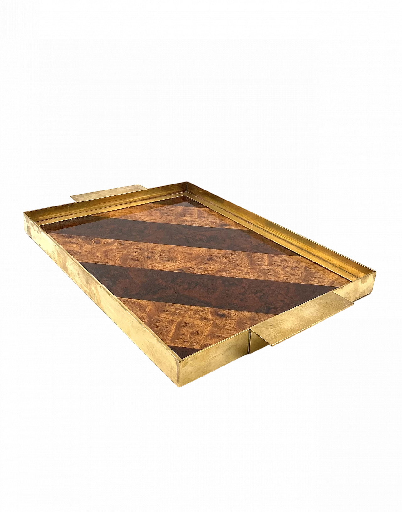 Vassoio Hollywood Regency in ottone e legni intarsiati, anni '70 22