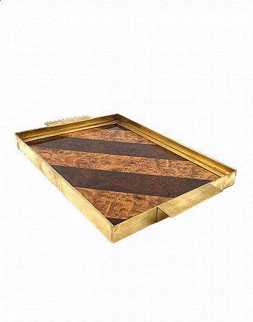 Hollywood Regency brass and inlaid wood tray, 1970s