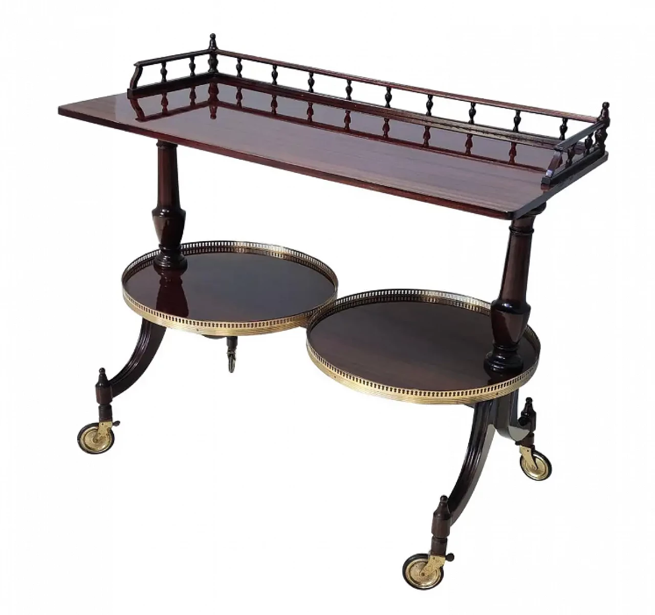 Walnut serving cart or console table with 2 sliding shelves, 1950s 1