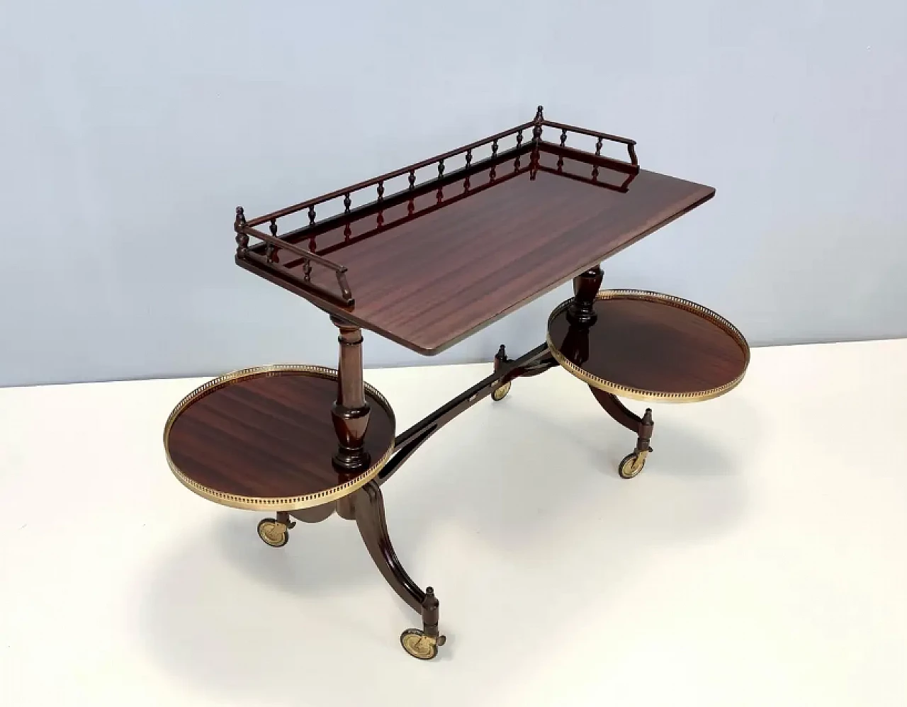 Walnut serving cart or console table with 2 sliding shelves, 1950s 2
