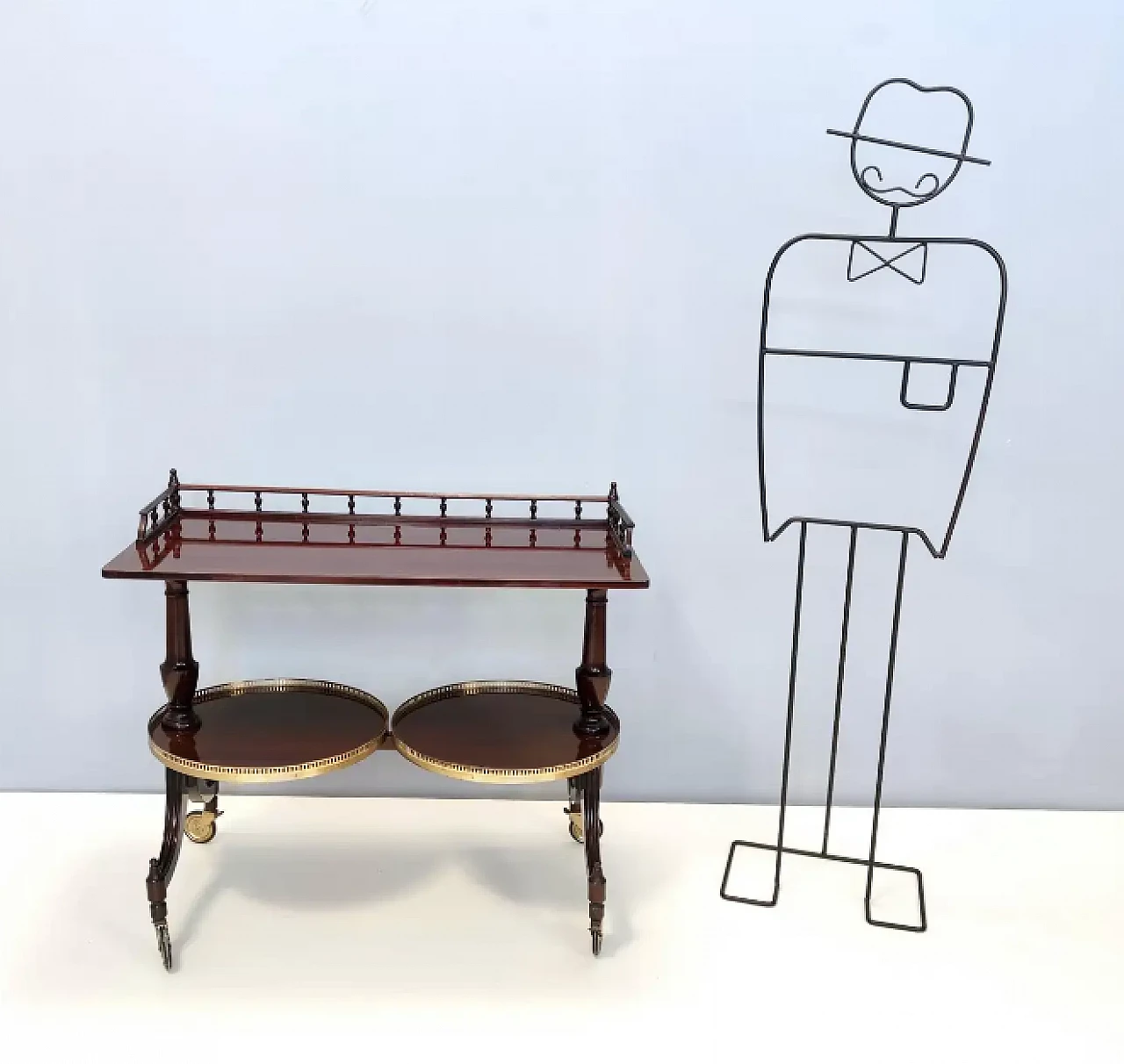 Walnut serving cart or console table with 2 sliding shelves, 1950s 3