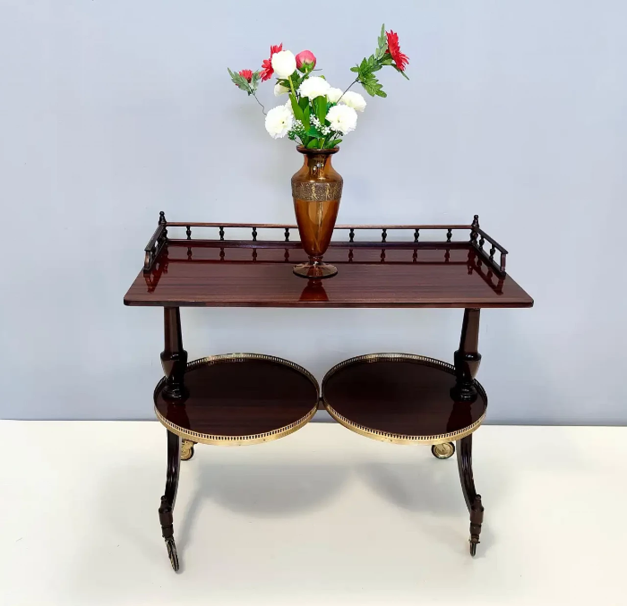 Walnut serving cart or console table with 2 sliding shelves, 1950s 4