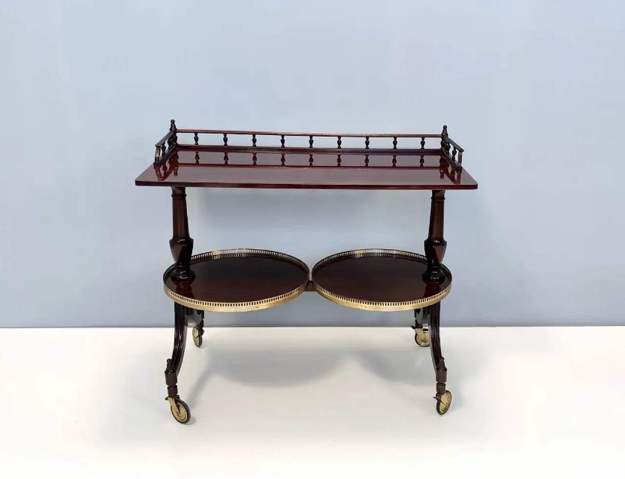 Walnut serving cart or console table with 2 sliding shelves, 1950s 5