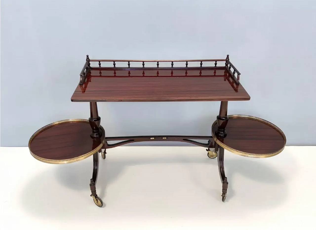 Walnut serving cart or console table with 2 sliding shelves, 1950s 6