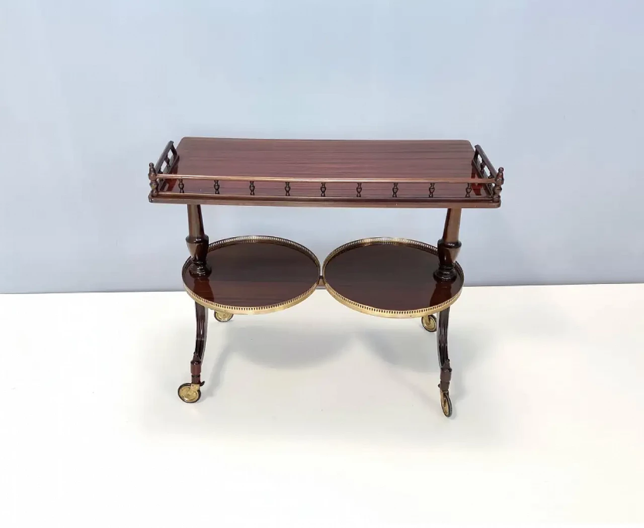 Walnut serving cart or console table with 2 sliding shelves, 1950s 7