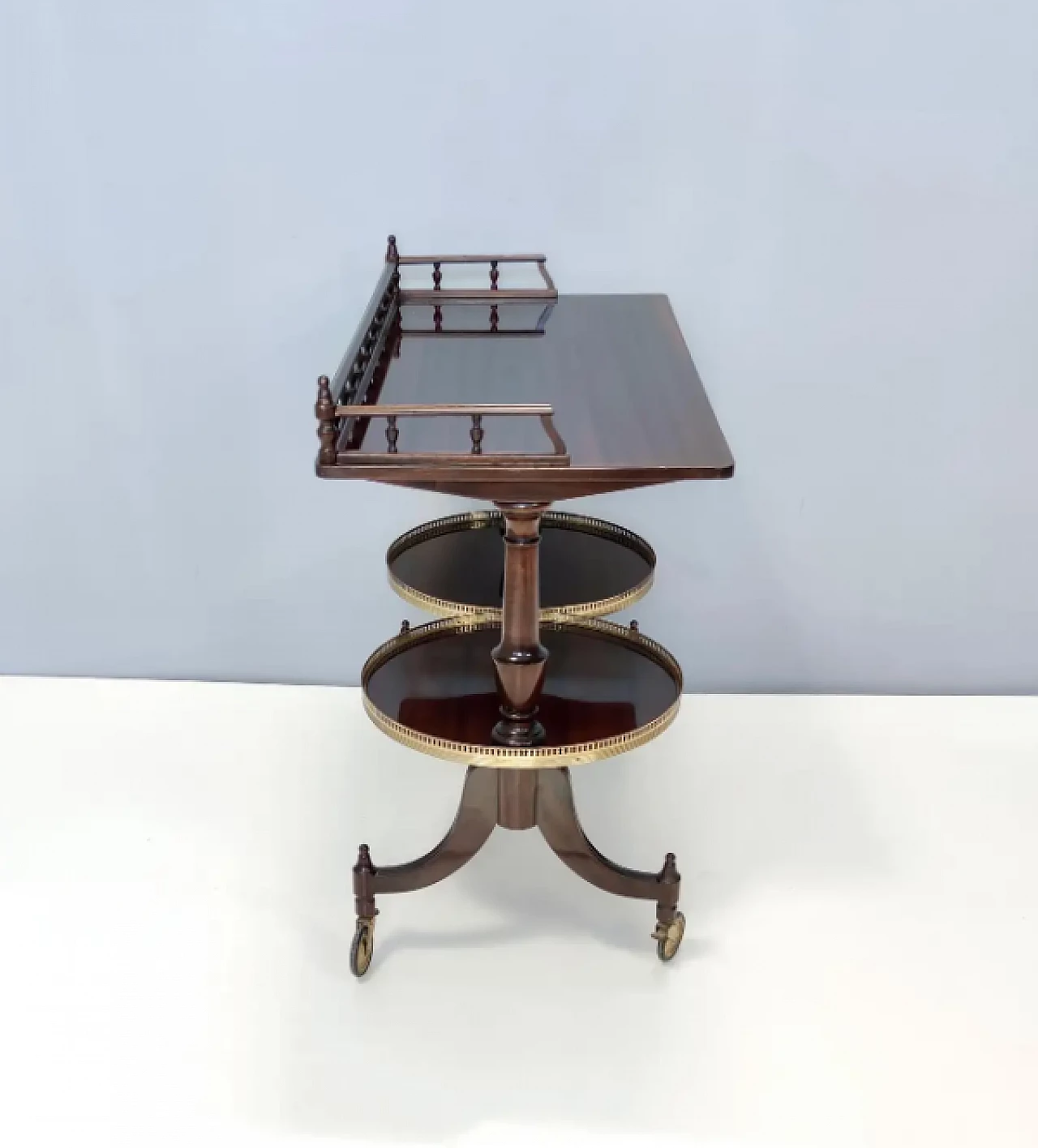 Walnut serving cart or console table with 2 sliding shelves, 1950s 8