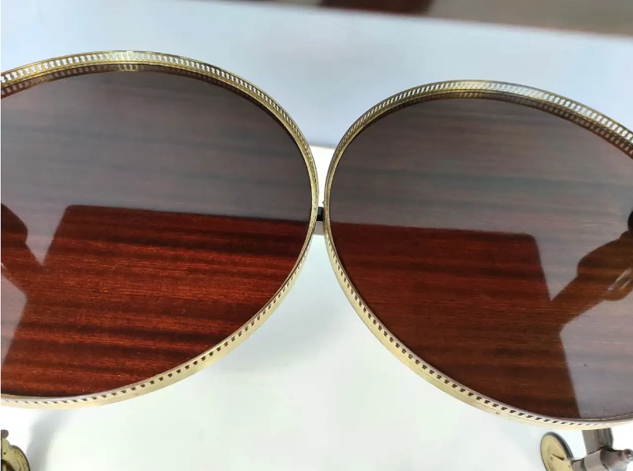 Walnut serving cart or console table with 2 sliding shelves, 1950s 10