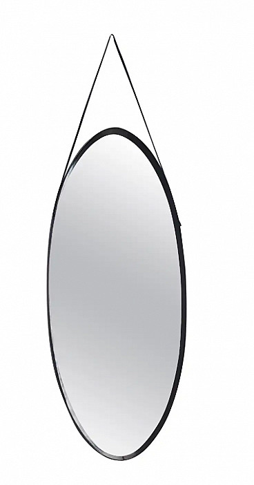 Specchio ovale da parete con cornice in legno ebanizzato e gancio in pelle, anni '60