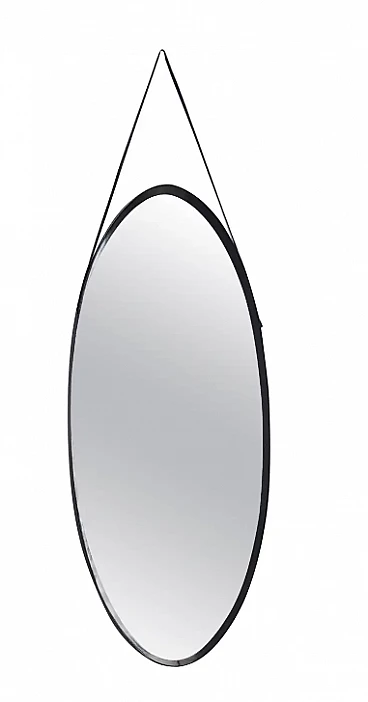 Oval wall mirror with ebonised wood frame and leather hook, 1960s