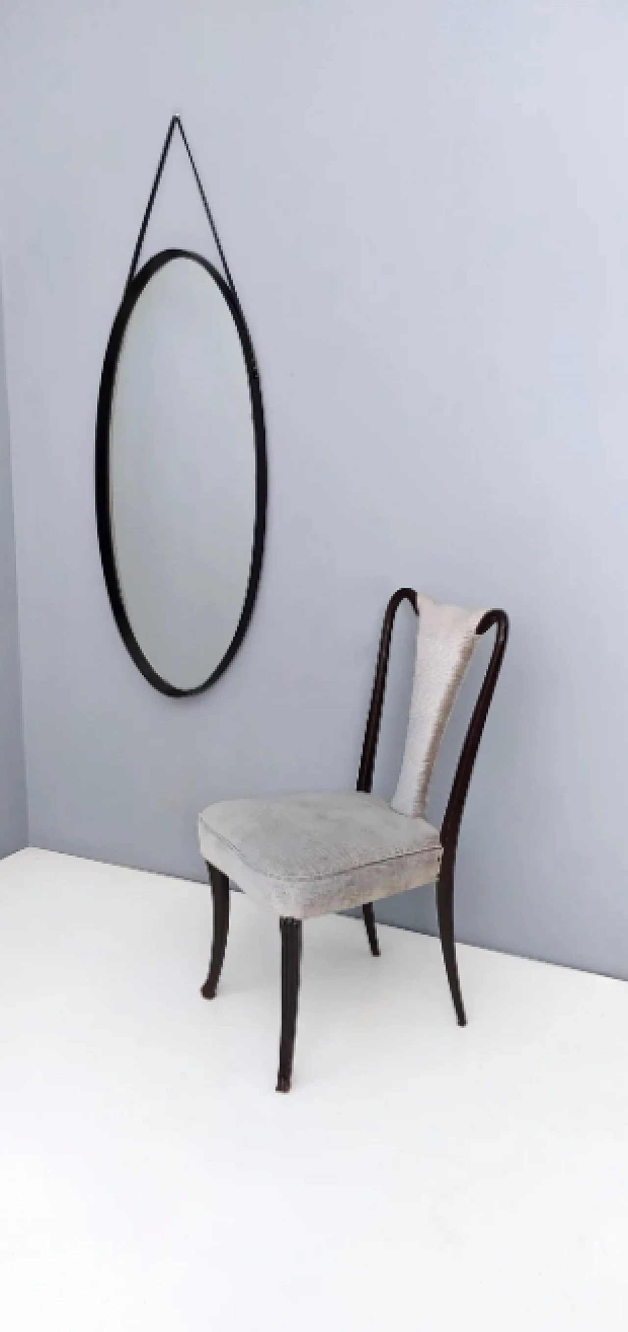 Oval wall mirror with ebonised wood frame and leather hook, 1960s 3