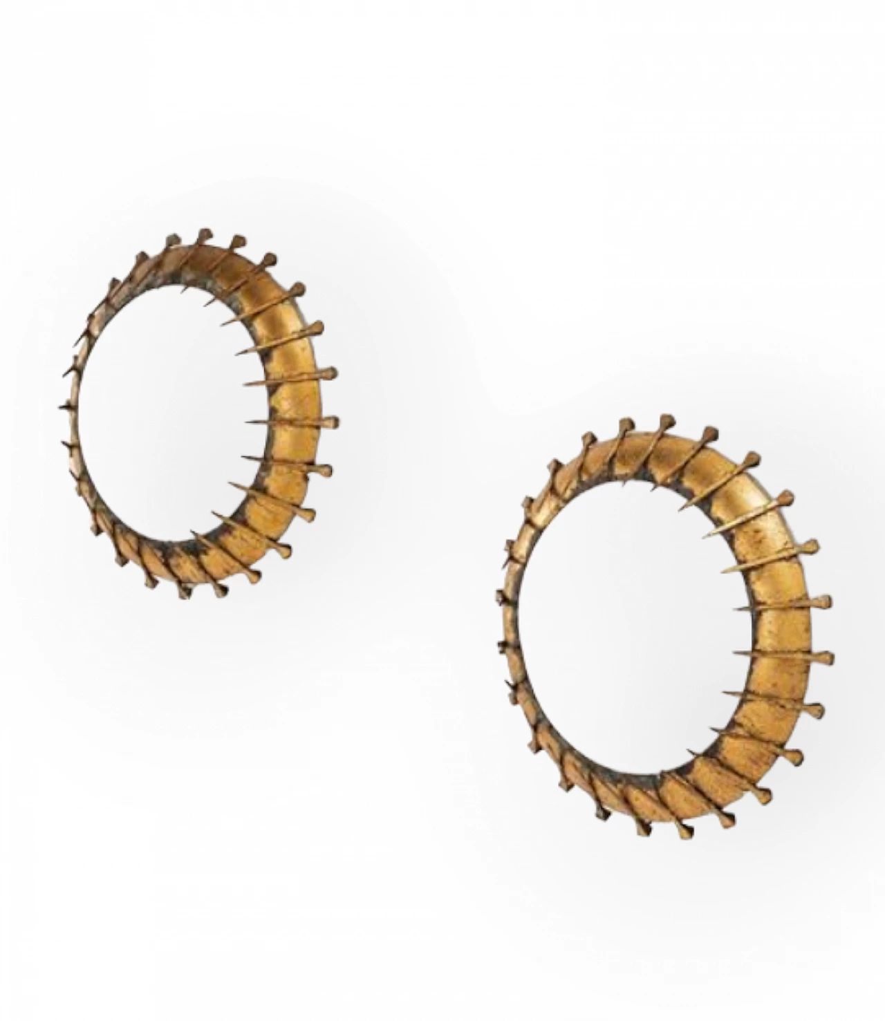 Pair of brutalist wall sconces in gilded metal and curved glass, 1960s 1