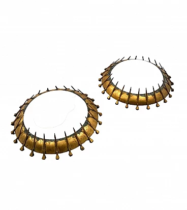 Pair of brutalist wall sconces in gilded metal and curved glass, 1960s