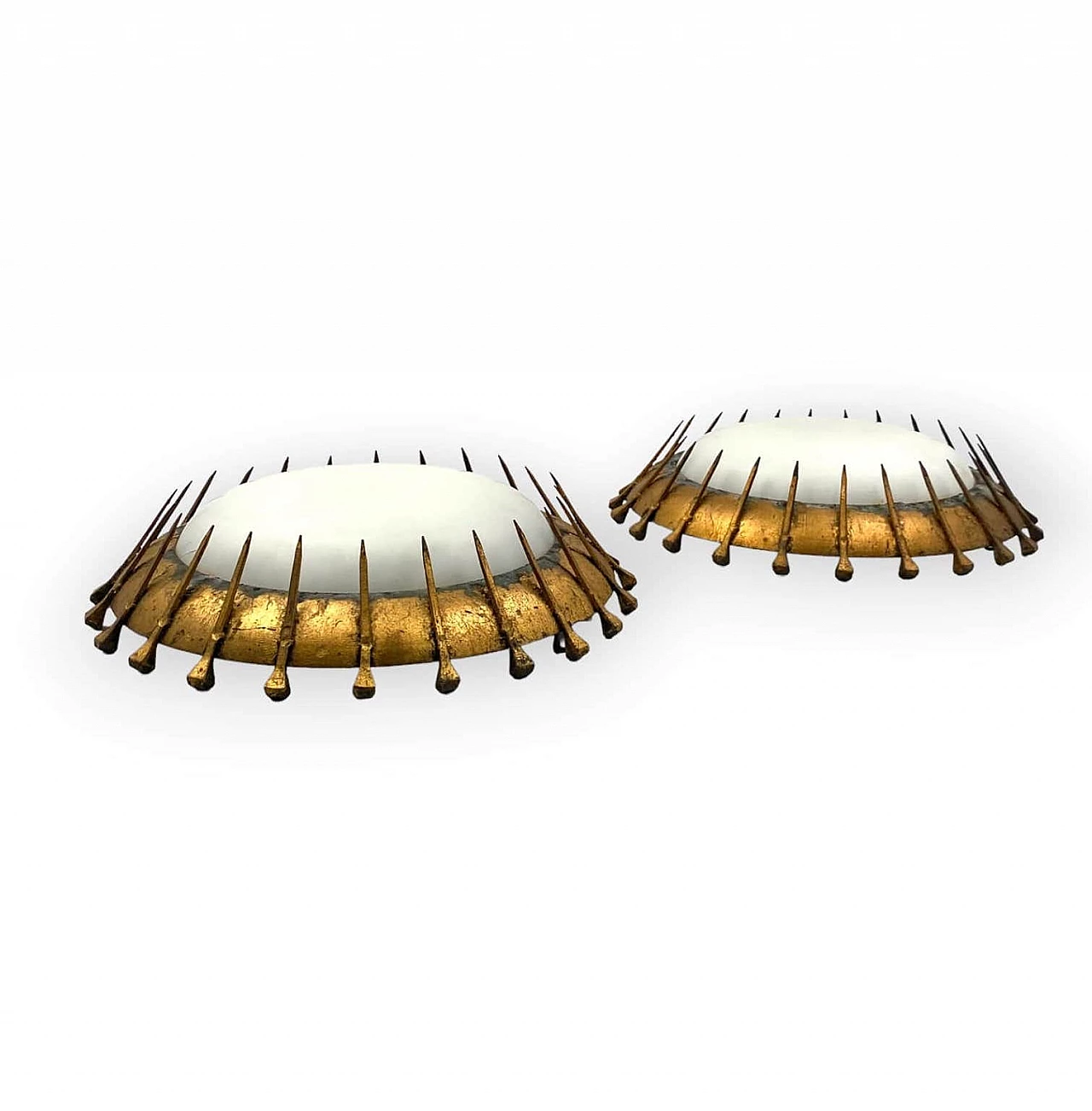 Pair of brutalist wall sconces in gilded metal and curved glass, 1960s 10