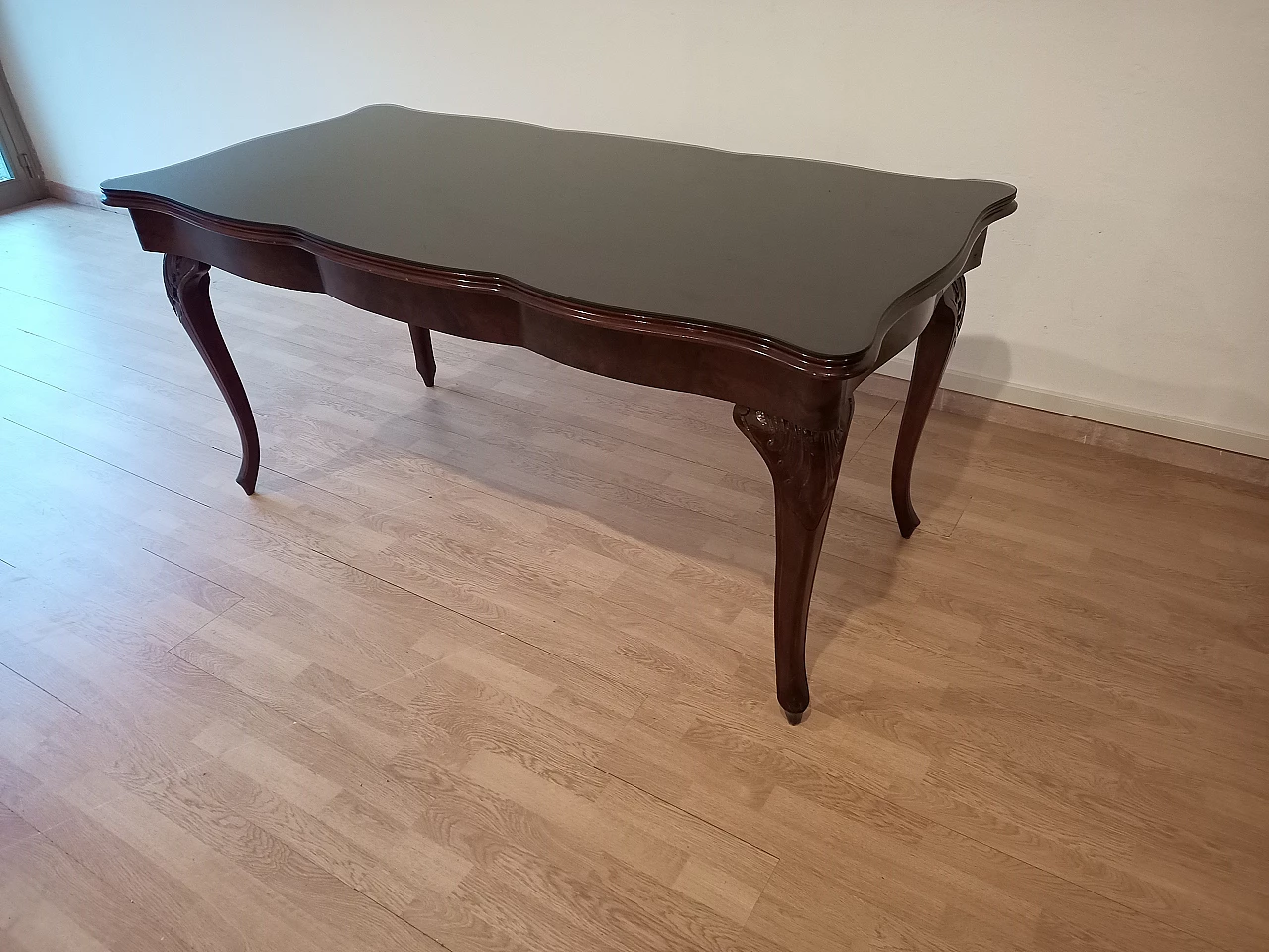 Chippendale style walnut, mahogany and smoked glass table, 1920s 11