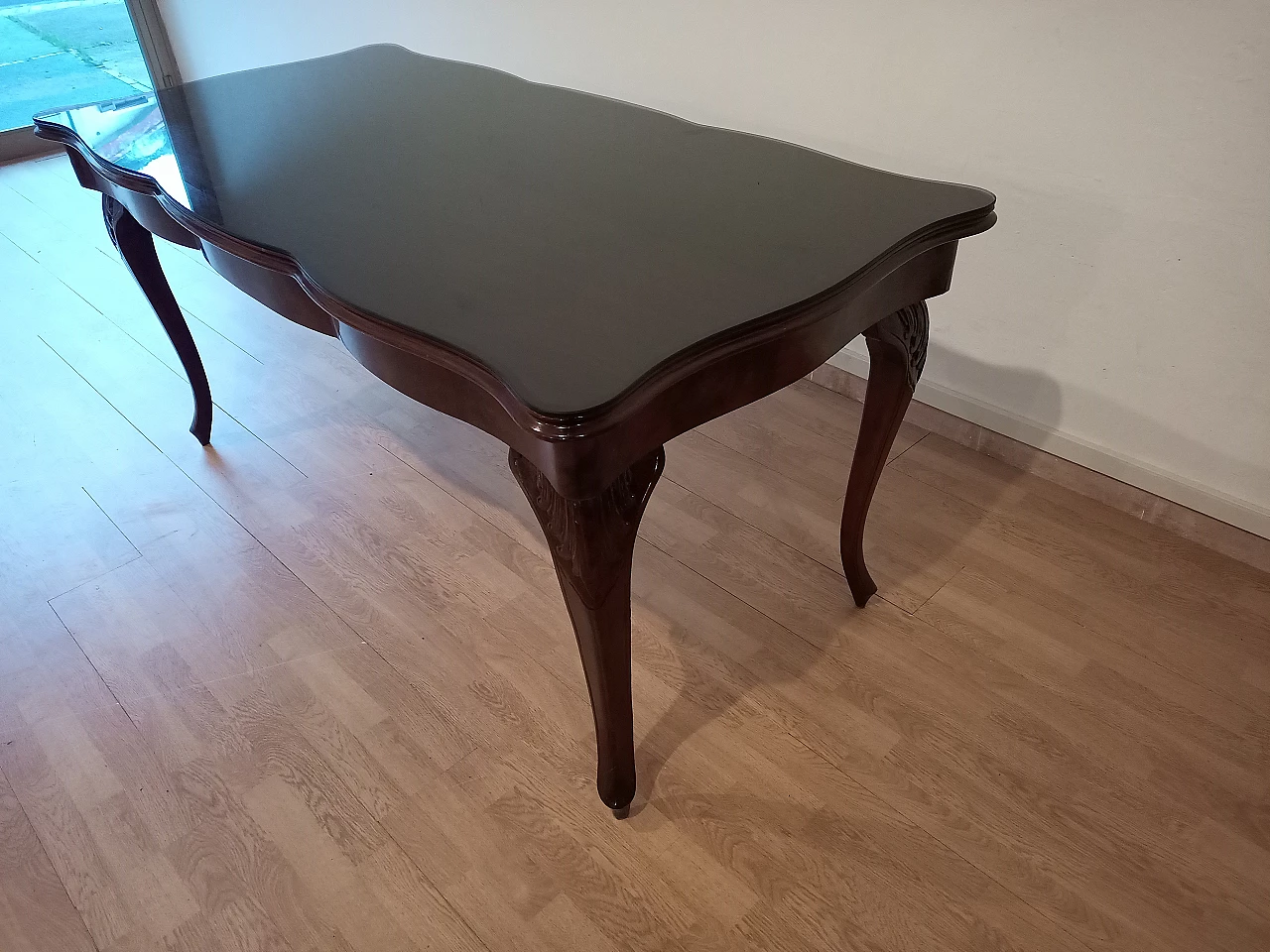 Chippendale style walnut, mahogany and smoked glass table, 1920s 15
