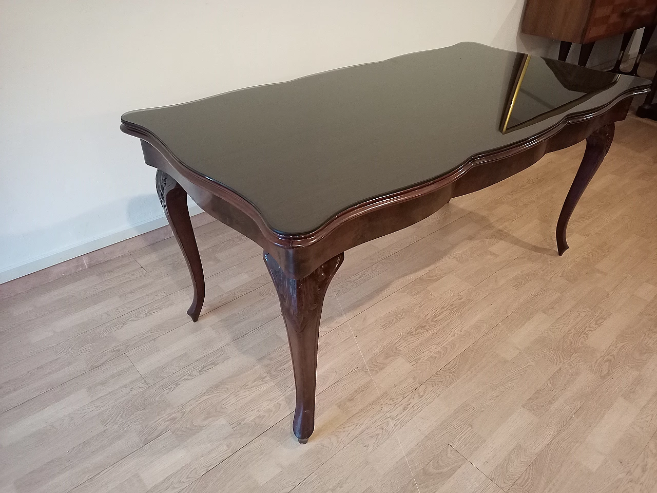 Chippendale style walnut, mahogany and smoked glass table, 1920s 16