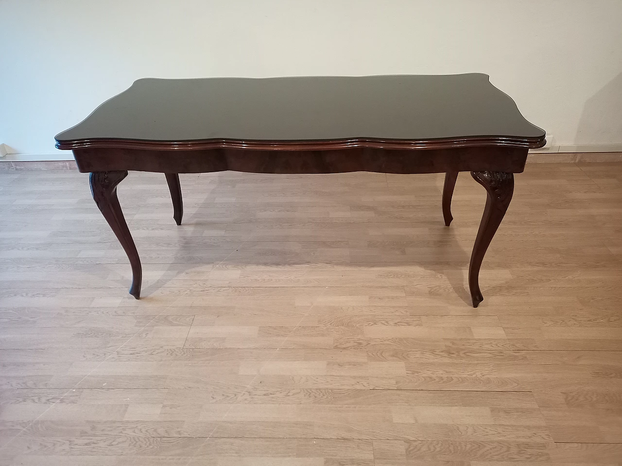 Chippendale style walnut, mahogany and smoked glass table, 1920s 19