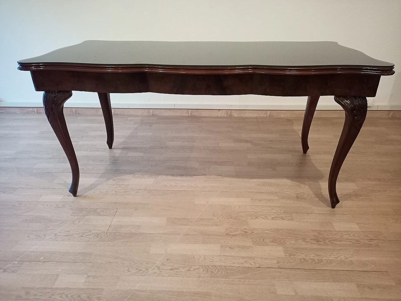 Chippendale style walnut, mahogany and smoked glass table, 1920s 20