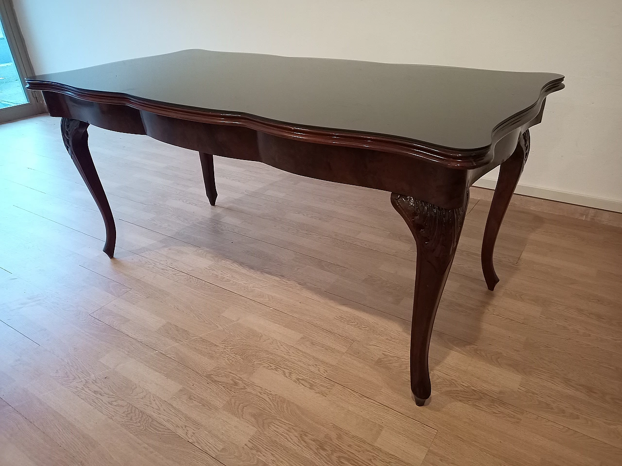 Chippendale style walnut, mahogany and smoked glass table, 1920s 21