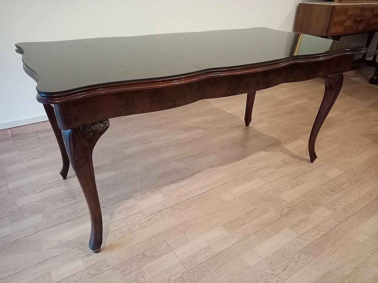 Chippendale style walnut, mahogany and smoked glass table, 1920s 22