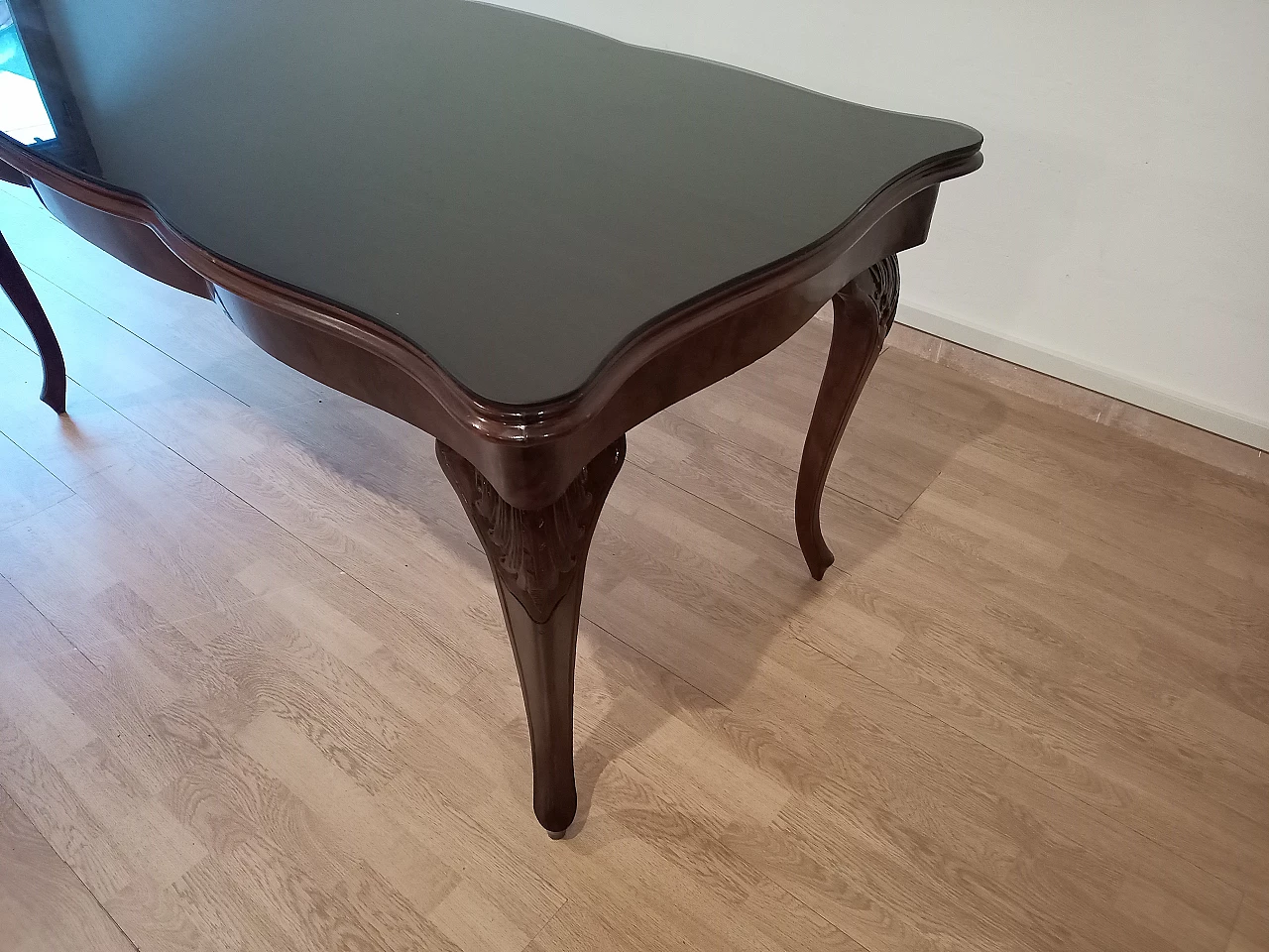 Chippendale style walnut, mahogany and smoked glass table, 1920s 24