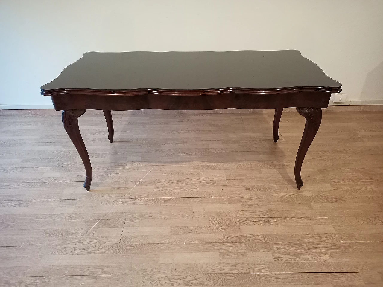 Chippendale style walnut, mahogany and smoked glass table, 1920s 26