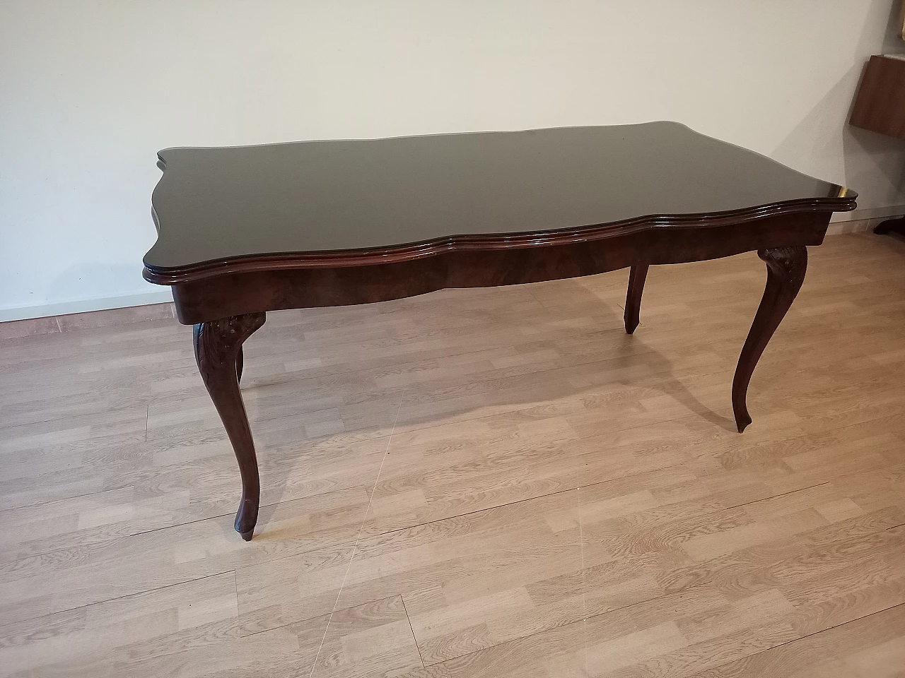 Chippendale style walnut, mahogany and smoked glass table, 1920s 28