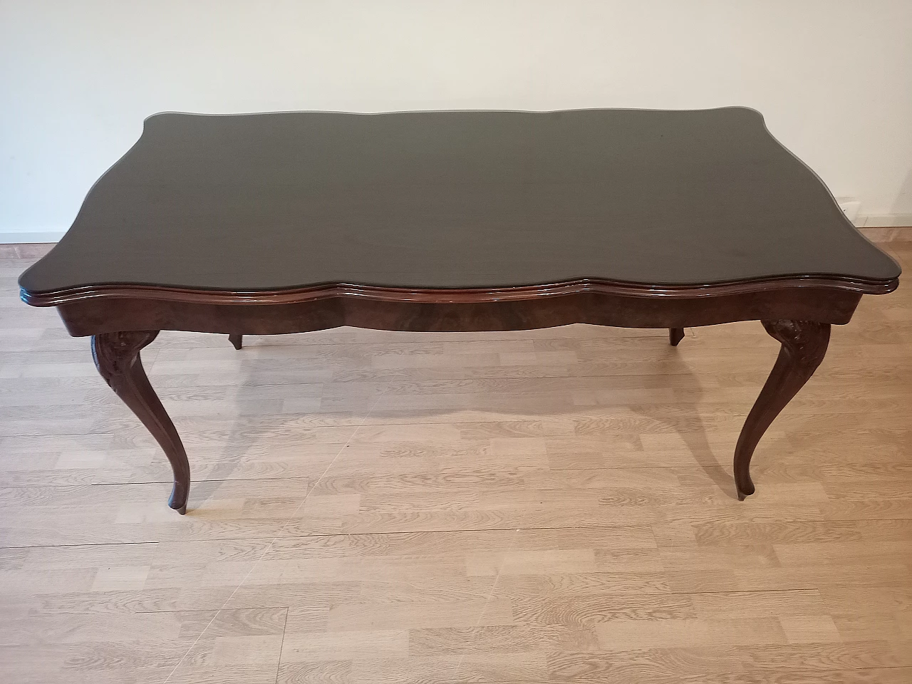 Chippendale style walnut, mahogany and smoked glass table, 1920s 29