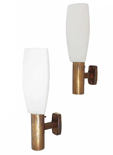 Pair of glass and brass wall sconces by Bruno Gatta for Stilnovo, 1960s