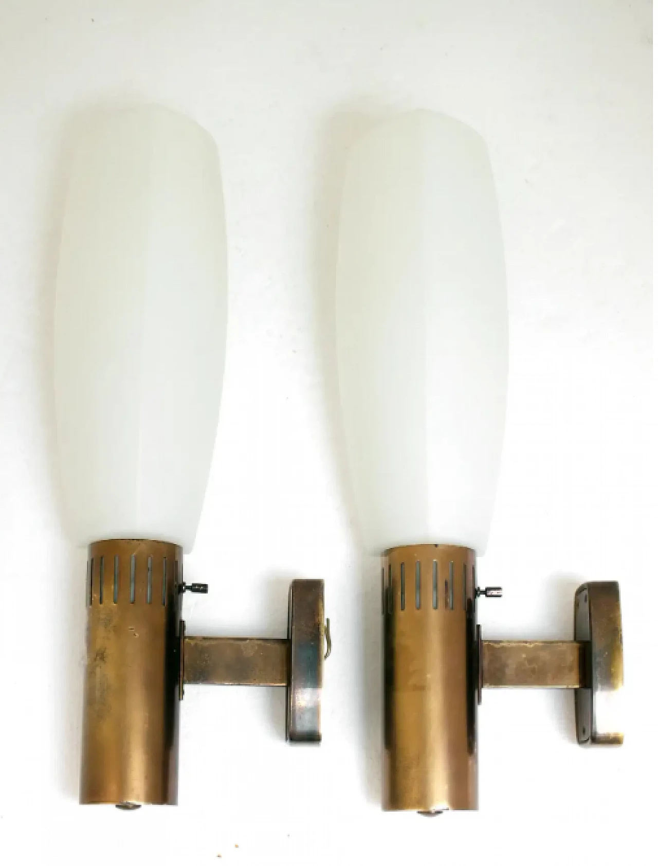 Pair of glass and brass wall sconces by Bruno Gatta for Stilnovo, 1960s 5
