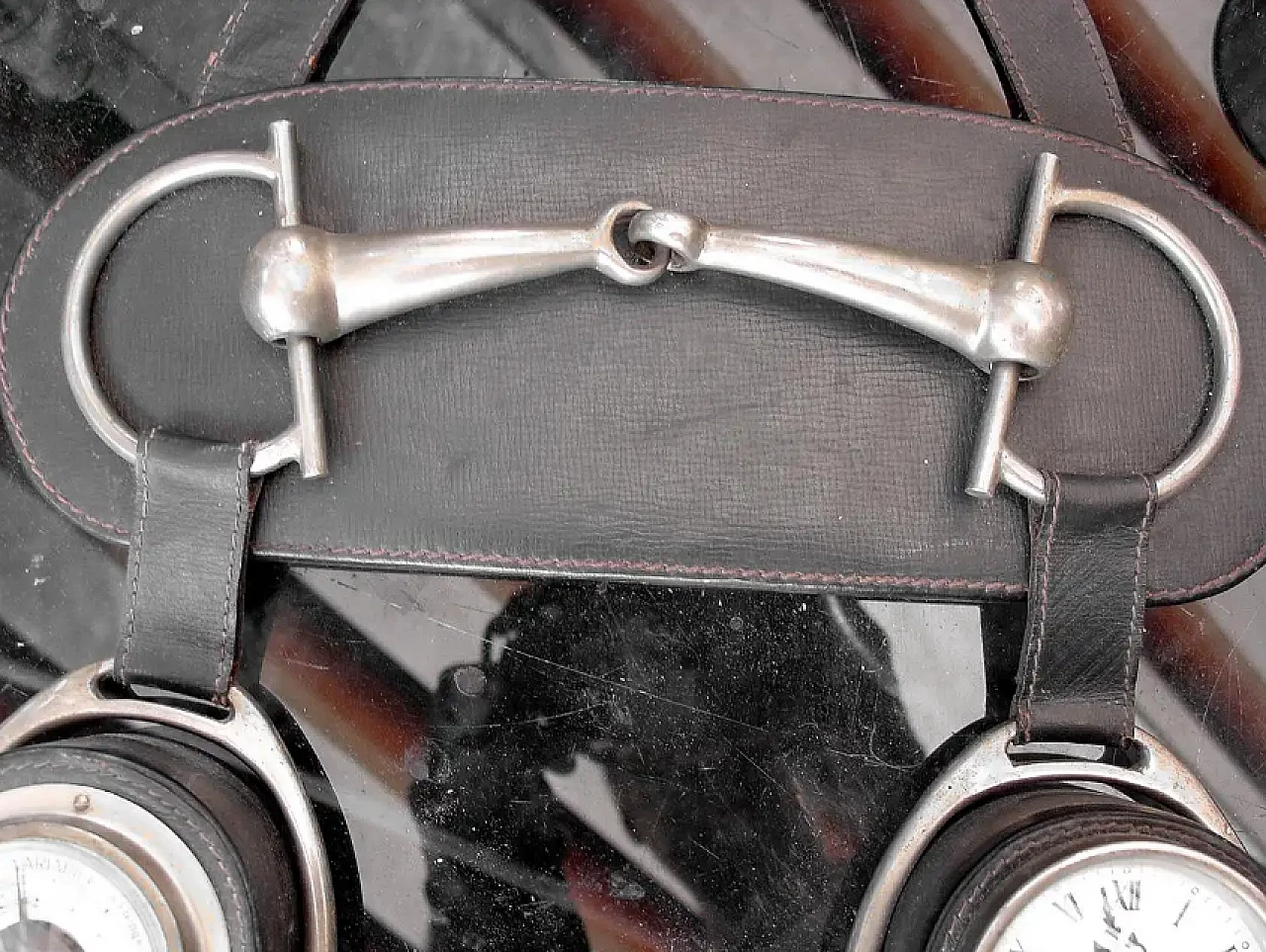 Barometro e orologio Gucci in metallo, ottone e pelle, anni '50 3