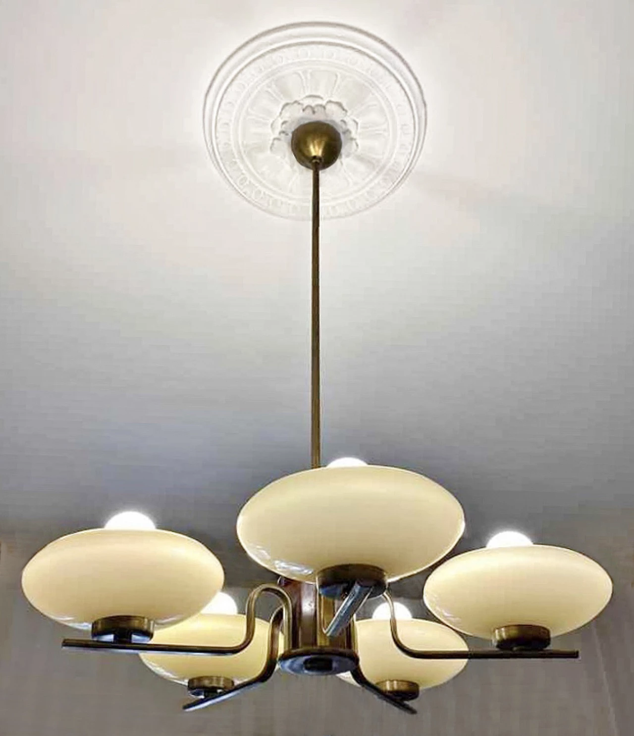 Chandelier with brass and wood frame and glass shades, 1930s 1