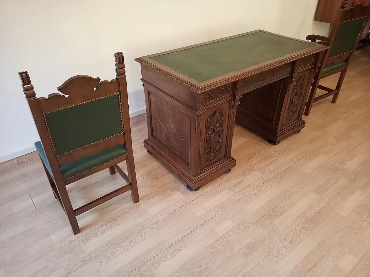 Walnut and green leather desk, armchair and chair, 19th century 11