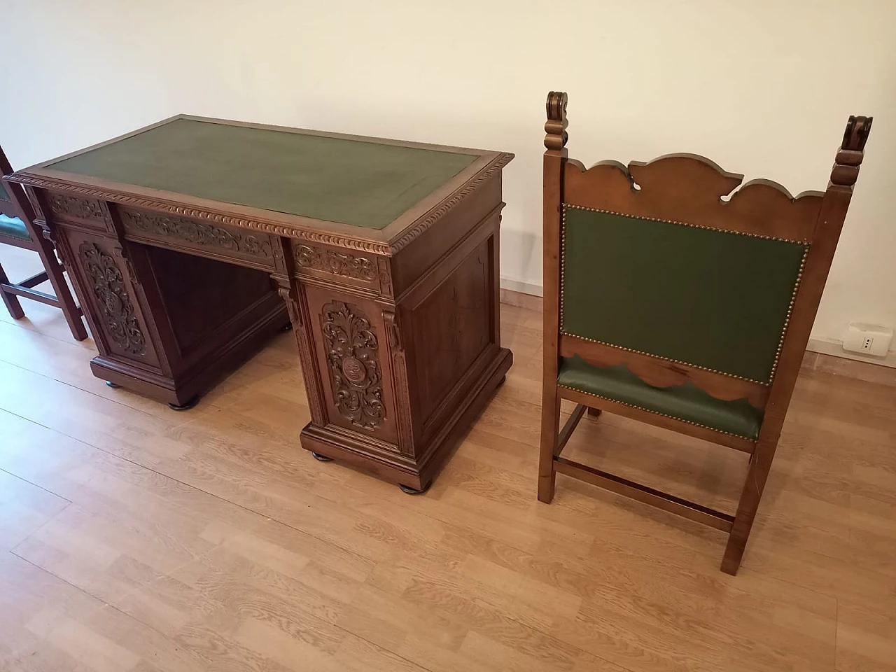 Walnut and green leather desk, armchair and chair, 19th century 13