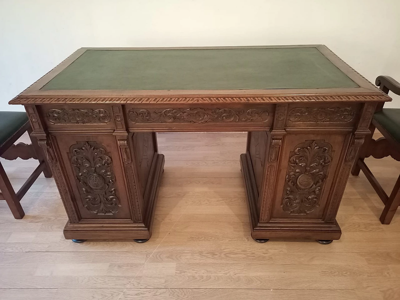 Walnut and green leather desk, armchair and chair, 19th century 15