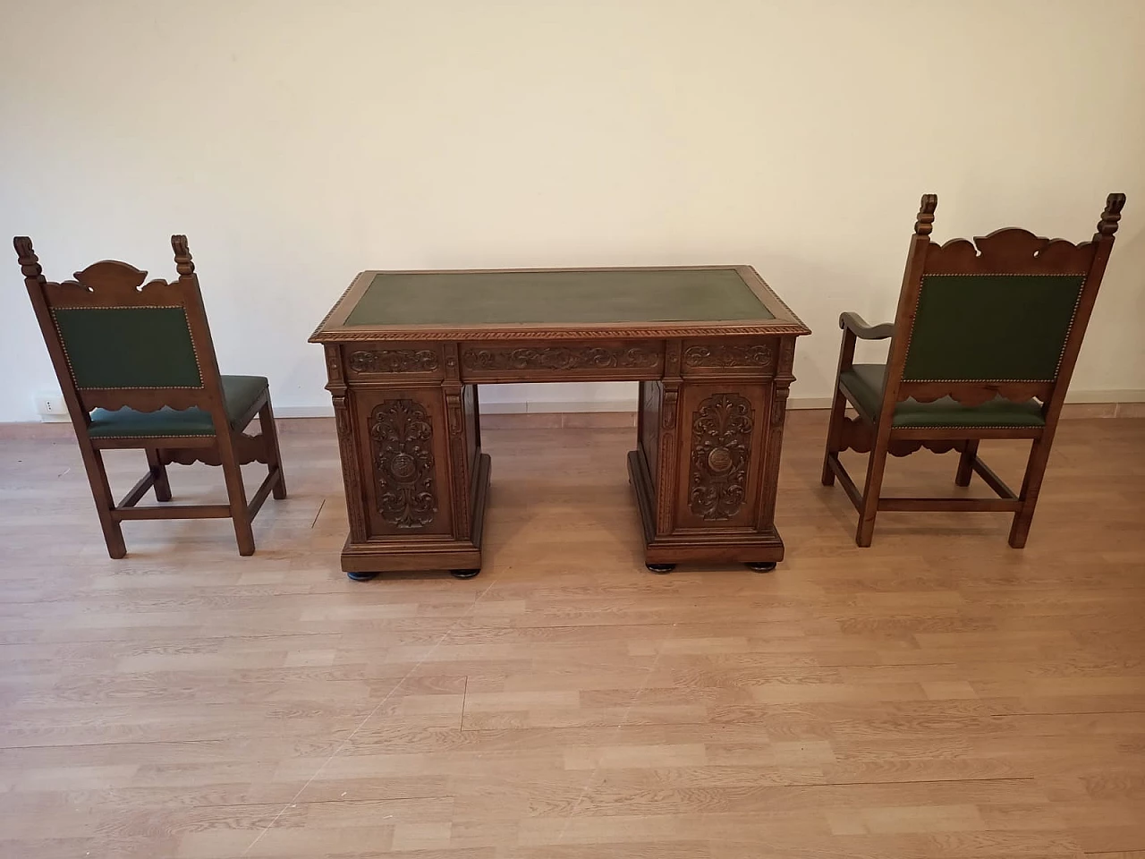 Walnut and green leather desk, armchair and chair, 19th century 16