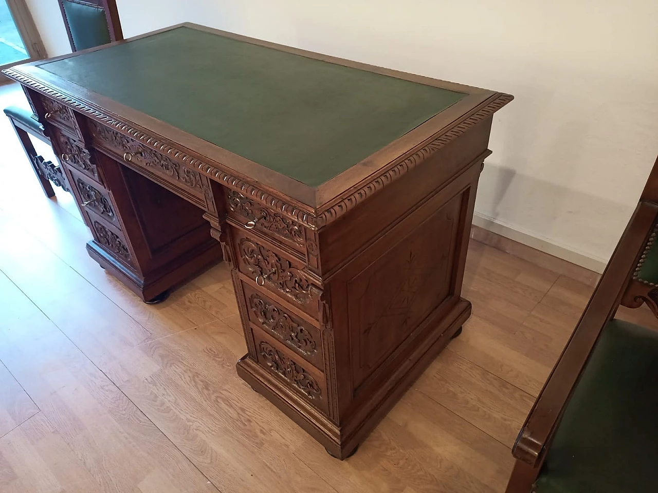 Walnut and green leather desk, armchair and chair, 19th century 18