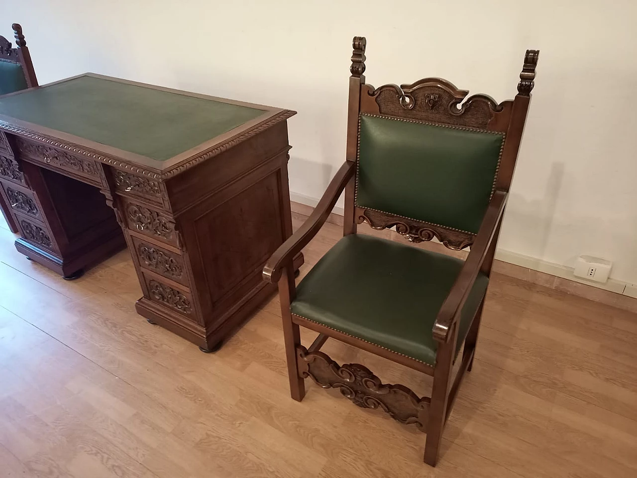 Walnut and green leather desk, armchair and chair, 19th century 20